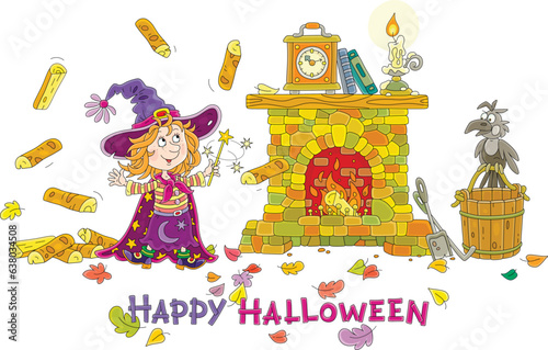 Halloween card with a happy little witch waving her magic wand and conjuring a funny trick with flying firewood for an old stone fireplace, vector cartoon illustration isolated on a white background