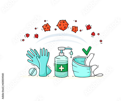 Cartoon banner - disease prevention. Hand drawn signs - medical healthcare objects