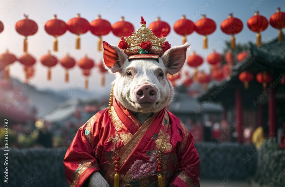 A festive pig, dressed in Chinese festive clothes. Outdoor Festival.