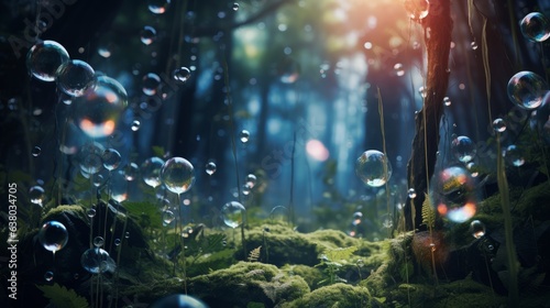 A magical forest filled with floating bubbles