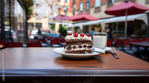 Generative AI, a piece of black forest cake, decorated with cream and cherries, stands on the table of a summer cafe, a traditional German dessert, a terrace, a chocolate biscuit, a restaurant, berrie