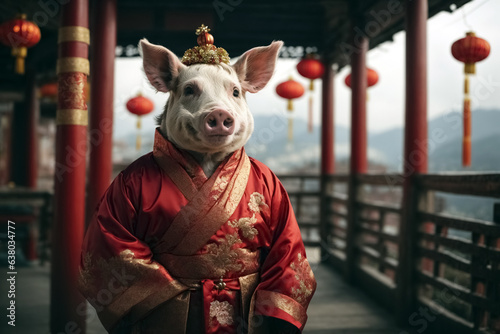 A festive pig, dressed in Chinese festive clothes. Outdoor Festival.