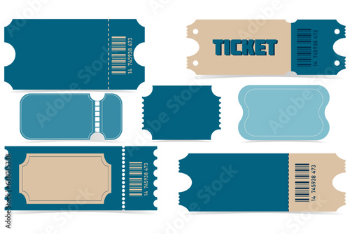 Set in classic colors of seven blank tickets. Blue-beige ticket mockups for circus, concert, certificate, boarding, lottery, movie and coupon