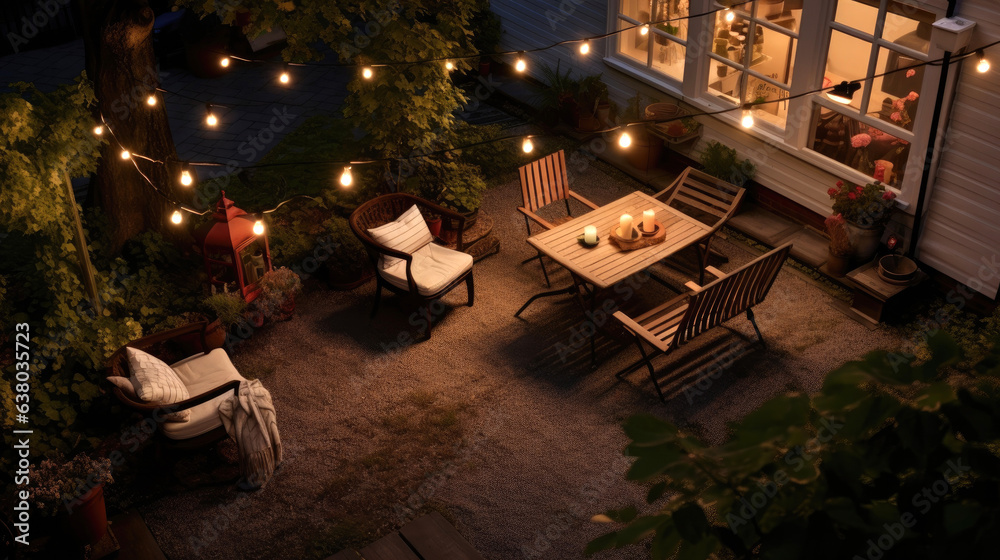 A small courtyard surrounded by greenery, gravel on the ground, simple patio furniture, picture from above, string lights, night. Generative AI