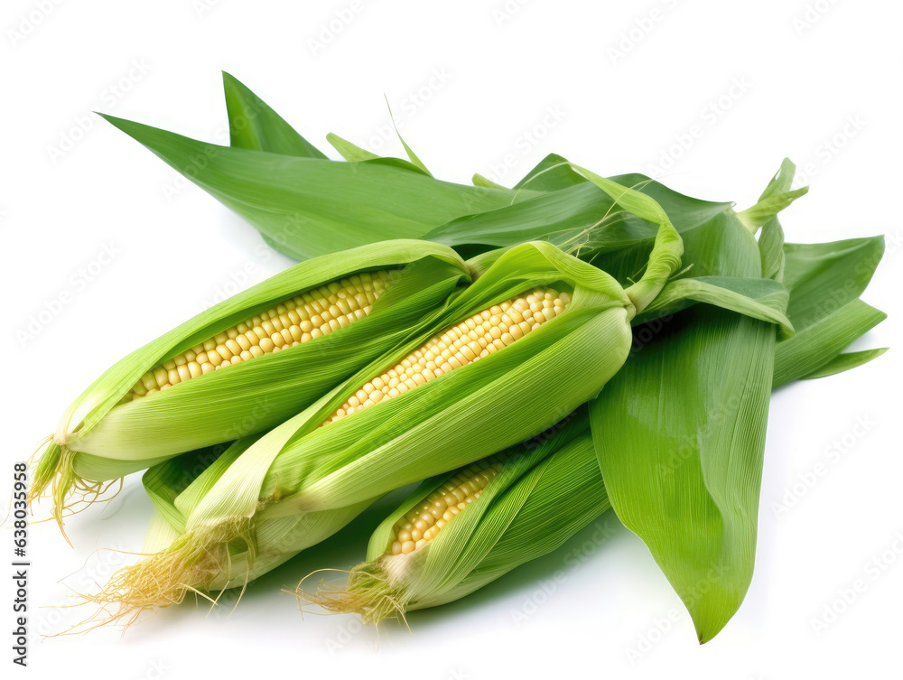 Cob of young corn with green leaves isolated on white background Cob of young corn with green leaves isolated on white background