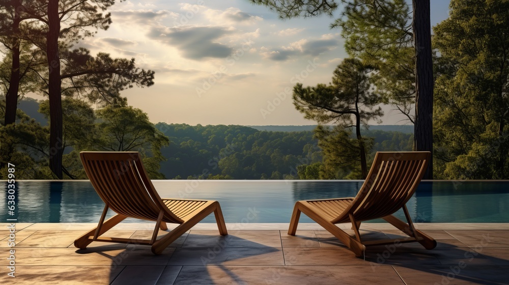 Two chairs by a sparkling swimming pool with a view of the woods