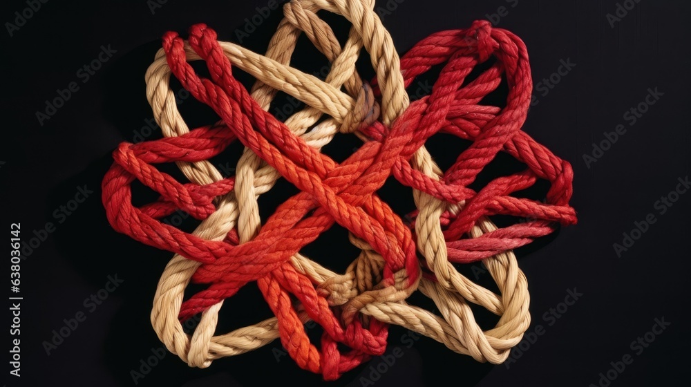 A collection of numerous threads knotted together and fashioned into a support symbol indicating unity and love embodies the spirit of cooperation and togetherness.