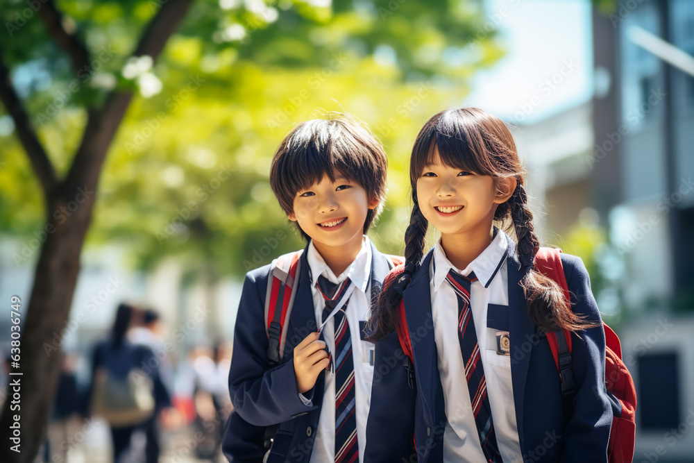 Happy Japanese schoolchildren go to school on a sunny day. Happy Japanese schoolchildren go to school on a sunny day.
