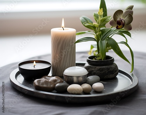 Spa still life with candles  zen stones and orchid