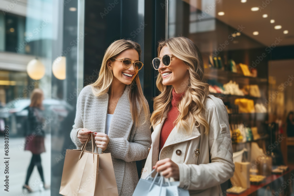 Two happy girlfriends with purchases next to shopwindow of shopping mall. Two happy girlfriends with purchases next to shopwindow of shopping mall.