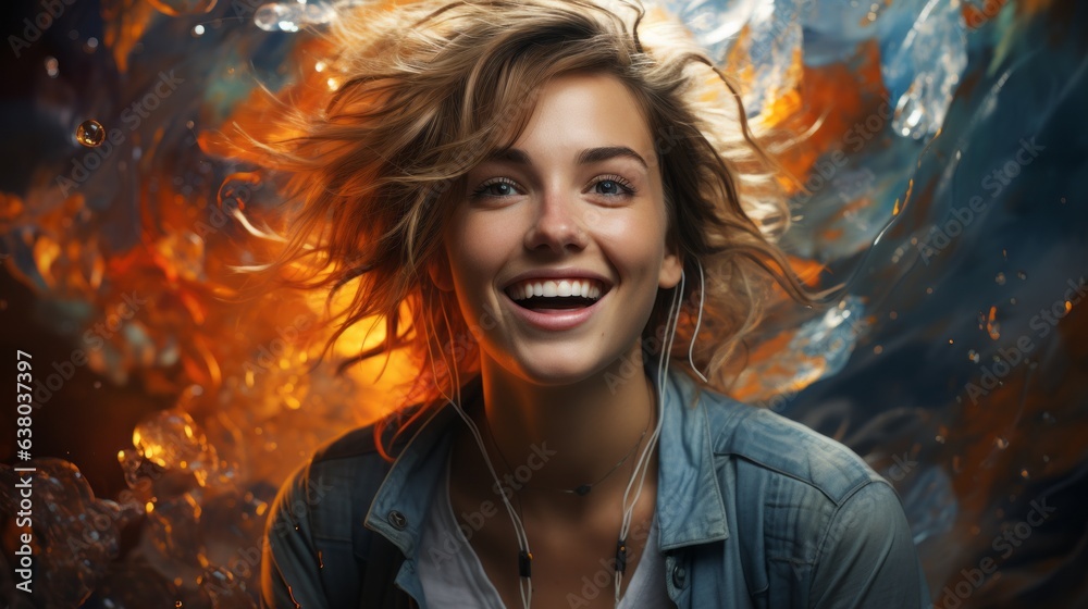 cheerful girl laughs looking at the camera on a blue background cheerful girl laughs looking at the camera on a blue background