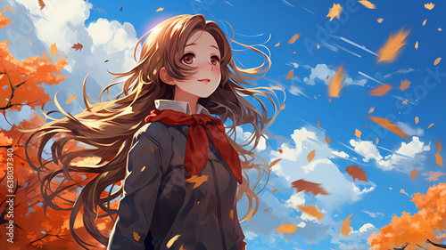 hand drawn cartoon illustration of cute girl in autumn 