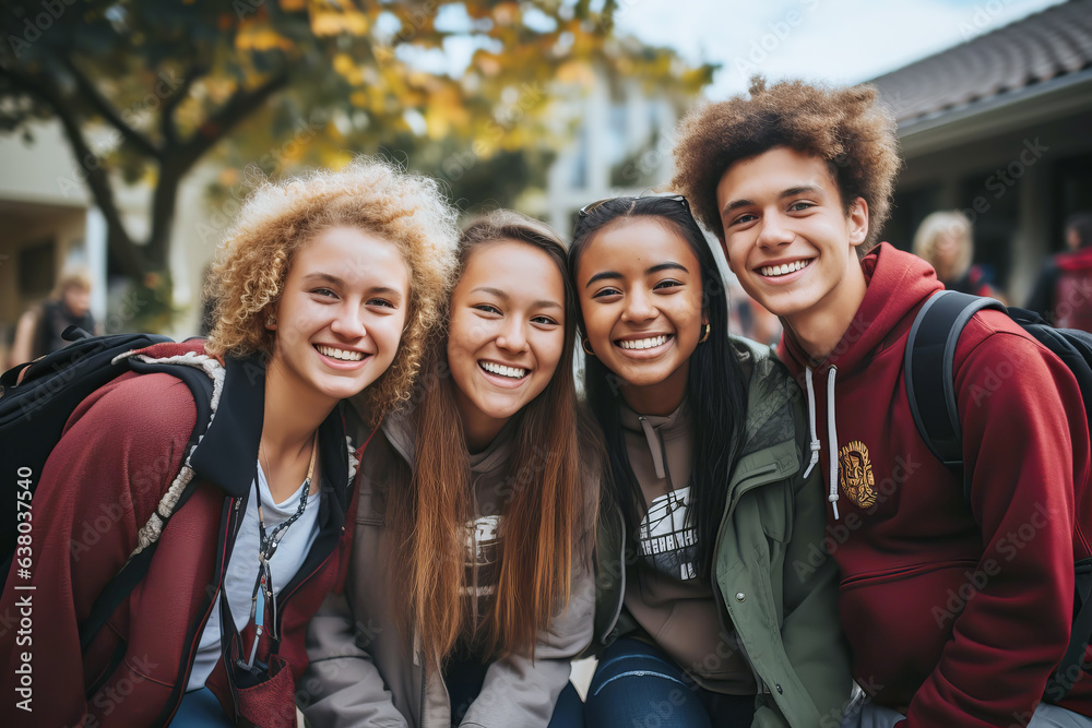 Multiracial Diverse Students happy to meet after the holidays in College or University