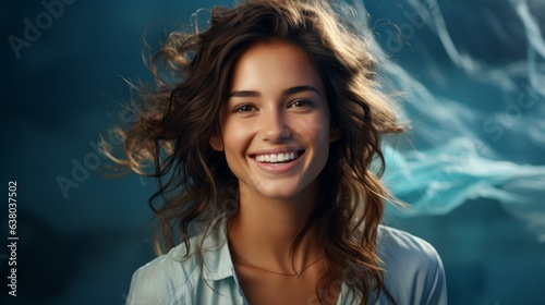 cheerful girl laughs looking at the camera on a blue background