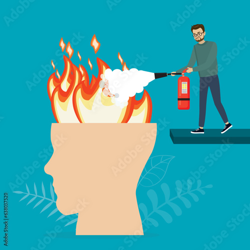 Human mind is on fire, psychotherapist uses fire extinguisher to put out flame in head. Medical care, psychological support. Medical appointment with a psychiatrist, metapho photo
