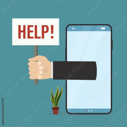 Cartoon hand holds sign with inscription - help! User need help with cyber digital addiction. Person cannot cope with addictions to social networks, news and communication in messengers.