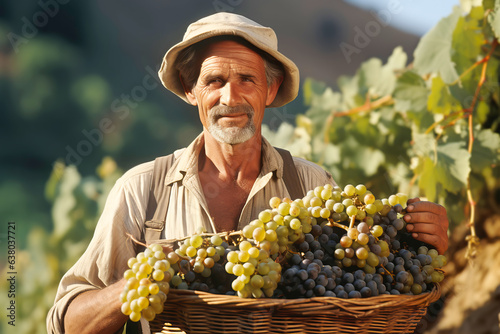 Senior winemaker harvesting grapes in a vineyard on a sunny day. 