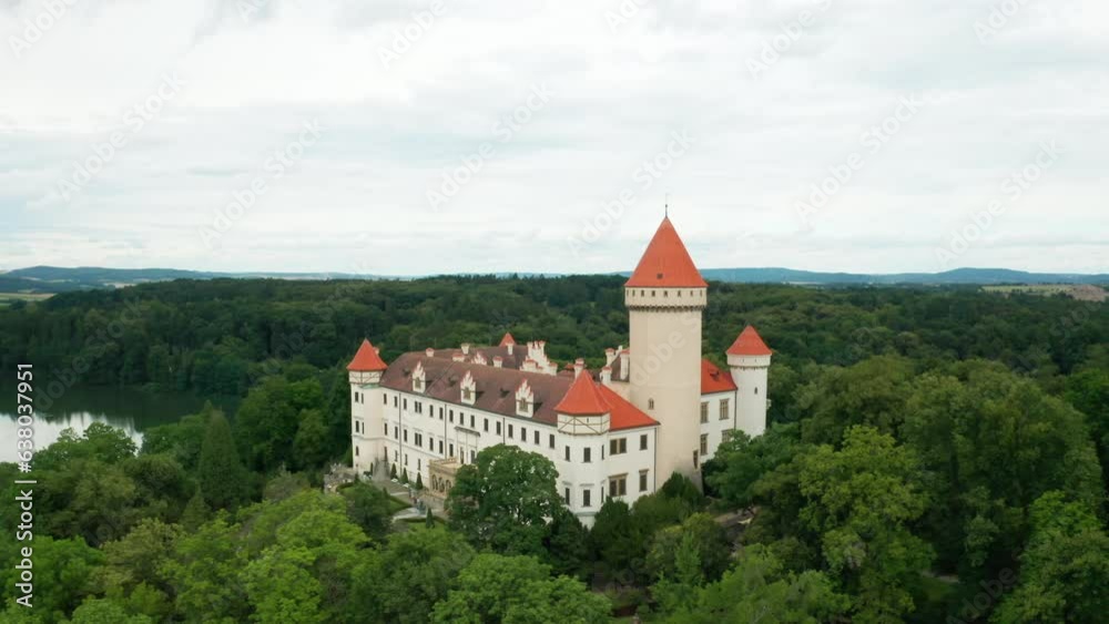 Zoom out of camera from Konopiste castle and pond in the heart of Central Bohemia, Czechia Zoom out of camera from Konopiste castle and pond in the heart of Central Bohemia, Czechia