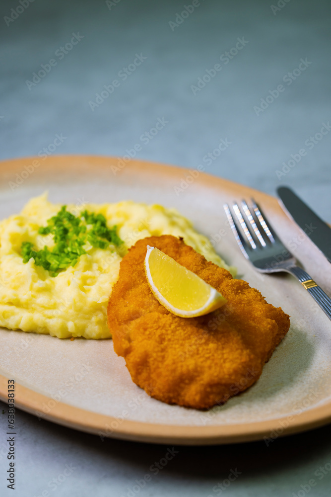 Typical Czech cuisine chicken cutlet with mashed potatoes Typical Czech cuisine chicken cutlet with mashed potatoes
