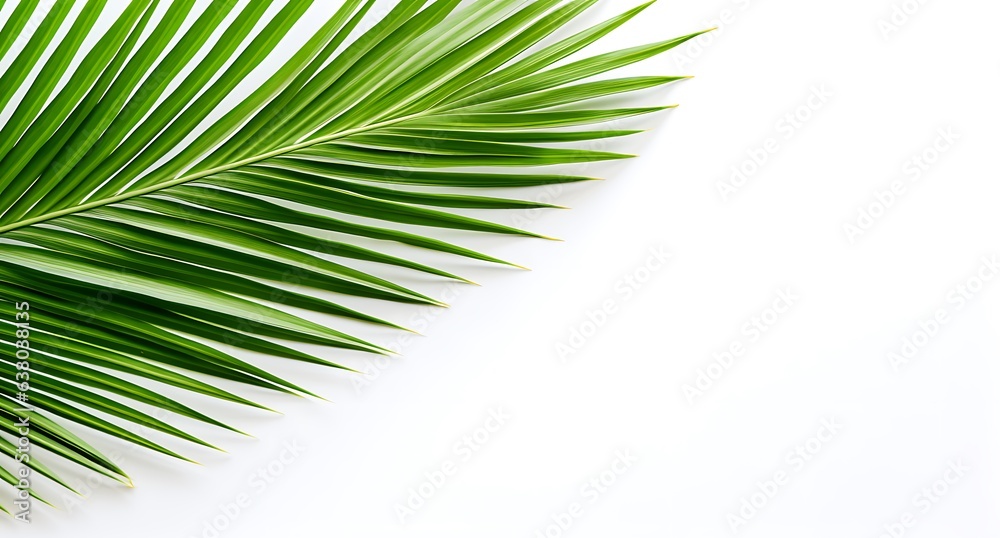Green palm leaf on white background. Flat lay, top view. Green palm leaf on white background. Flat lay, top view.