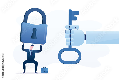 Tired businessman, heavy pressure, male employee tries to lift giant padlock. Robot hand give key to success. Chat bot, artificial intelligence help overcoming obstacles,
