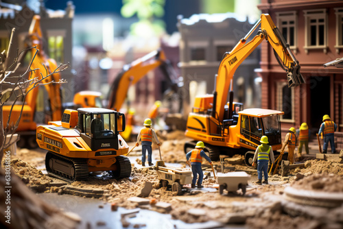 Tiny workers in protective helmets and vests doing earthworks with an excavator. 