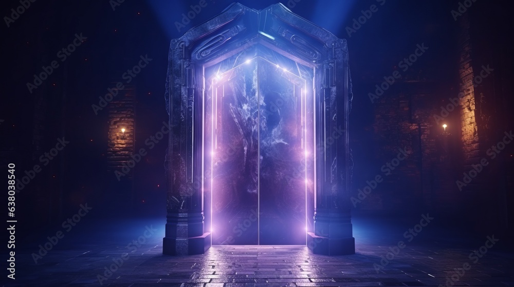 Magic glowing portal door on a dark abstract background