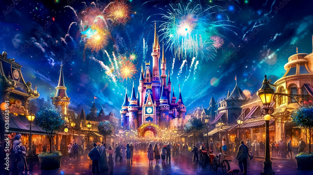 festive colorful fireworks over the castle in the sky above the city, banner - obrazy, fototapety, plakaty 