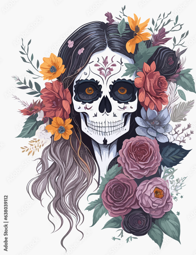 Fototapeta premium Skull with flowers.Roses and lily.White background. 