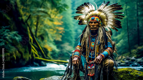 Native American leader in traditional costume performs a ceremony in the forest next to the river, banner with copy space photo