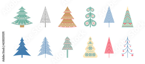 Collection of Christmas trees. A set of 12 elements of different shapes and colors of Christmas trees. Flat  style. Vector illustration.