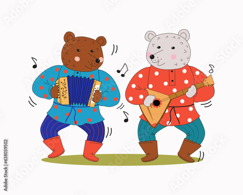 Musician bears. Russian Bear, polar bear with balalaika and harmonica. Musical instrument. Animal cartoon. Bear in national dress. Note signs. Vector illustration on an isolated background.