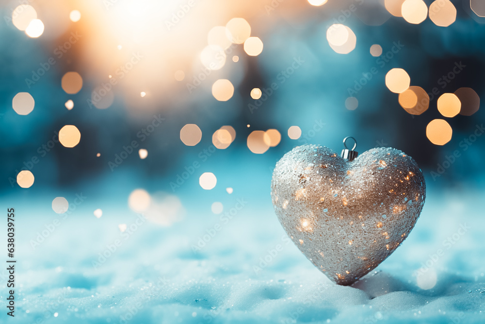 Snowflake Heart Shape with Bokeh and Falling Blue and Gold Frozen Snowflakes, Luxorious Magical Pastel Christmas New Year Love Valentine Engagement Gift Present. Generative AI. 