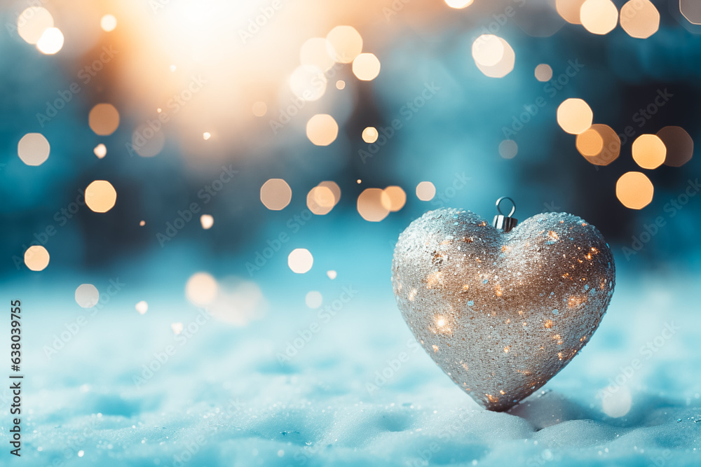 Fototapeta premium Snowflake Heart Shape with Bokeh and Falling Blue and Gold Frozen Snowflakes, Luxorious Magical Pastel Christmas New Year Love Valentine Engagement Gift Present. Generative AI. 