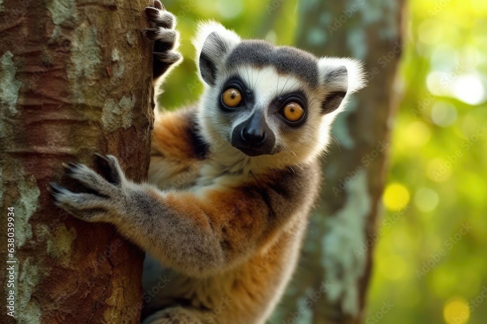 Lemur climbs a tree branch. Lemur climbs a tree branch.