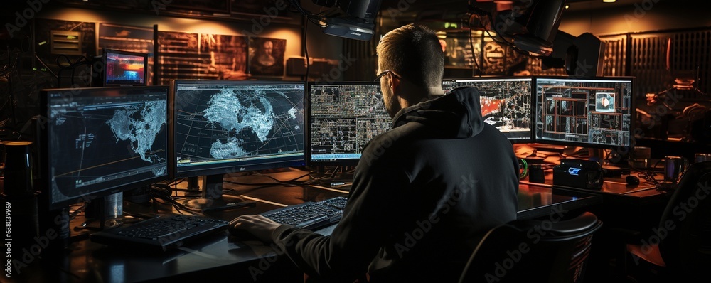 In a central office hub, a military surveillance officer oversees army communications and oversees a tracking operation with a focus on cyber control and monitoring..
