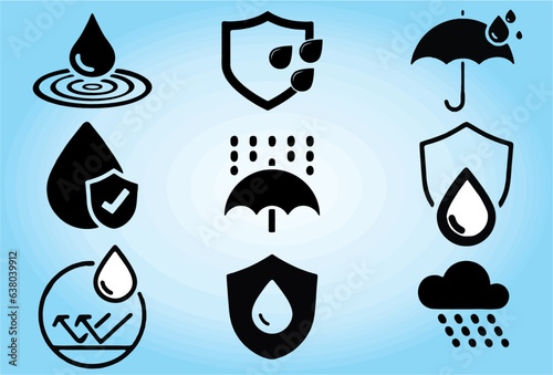 Set of Waterproof icons. water proof drop resistant, hydrophobic waterproof or water and liquid proof protection stamp or packing prints. Editable vector, eps 10. photo