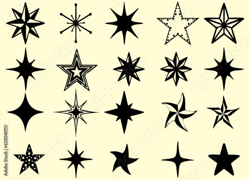 Hand drawn sparkle star icons. Star doodles collection. Multiple style art designs in vector format. easy to change color or size. eps 10.