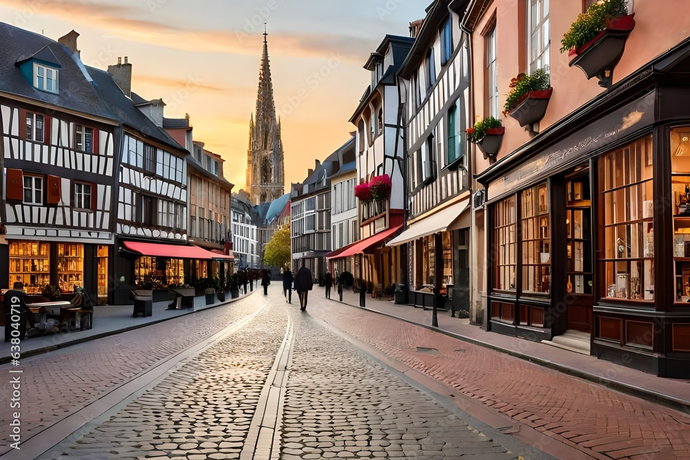Transport yourself to the enchanting view of Place and Street Saint Amand in the historic center of Rouen. The scene unfolds with charming shop fronts that line the street.