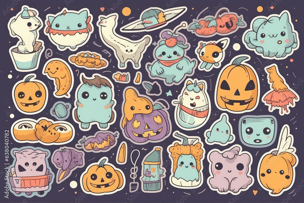 Funny and cute stickers in different styles. Generative AI. Funny and cute stickers in different styles. Generative AI.