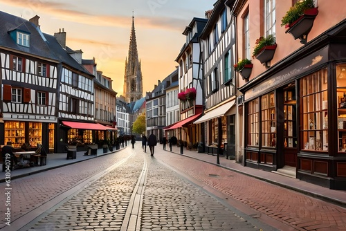 Transport yourself to the enchanting view of Place and Street Saint Amand in the historic center of Rouen. The scene unfolds with charming shop fronts that line the street.