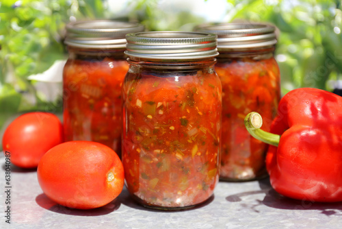 Jars of Freshly Canned Homemade Tomato and Pepper Salsa