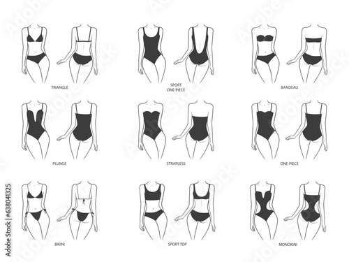 Collection of swimwears on a woman's body. Swimsuits front and back view. Vector illustration isolated on white background
