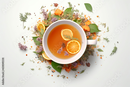 Creative layout made of cup of tea, green tea, black tea, fruit and herbal, tea on white background.Flat lay.