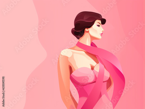 Breast cancer awareness month, woman in pink illustration background, healthcare movement