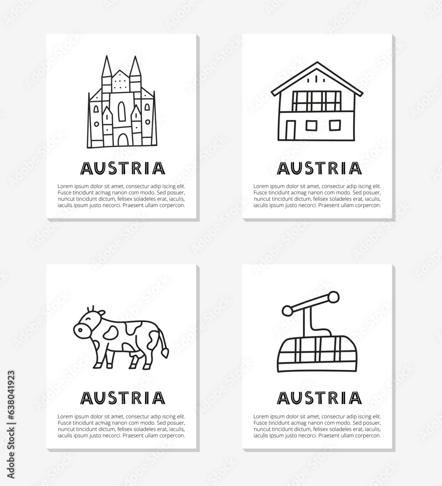 Cards with doodle outline Austria icons.