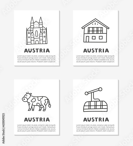 Cards with doodle outline Austria icons.