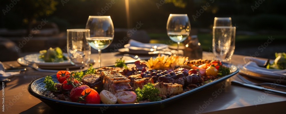Beautiful-looking barbecued meat on an outdoor dinner table.