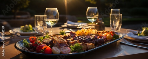 Beautiful-looking barbecued meat on an outdoor dinner table.