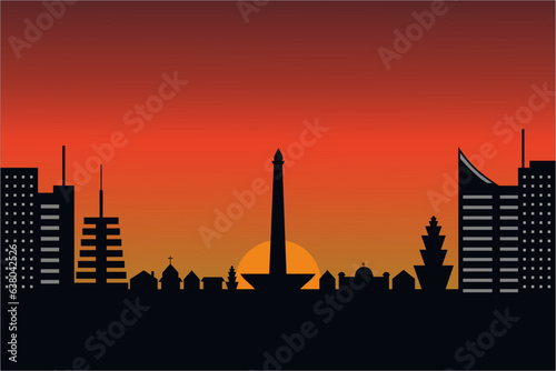 Illustration of a sunset in the city with shadows of skyscrapers, monas and orange sky, vector city background
